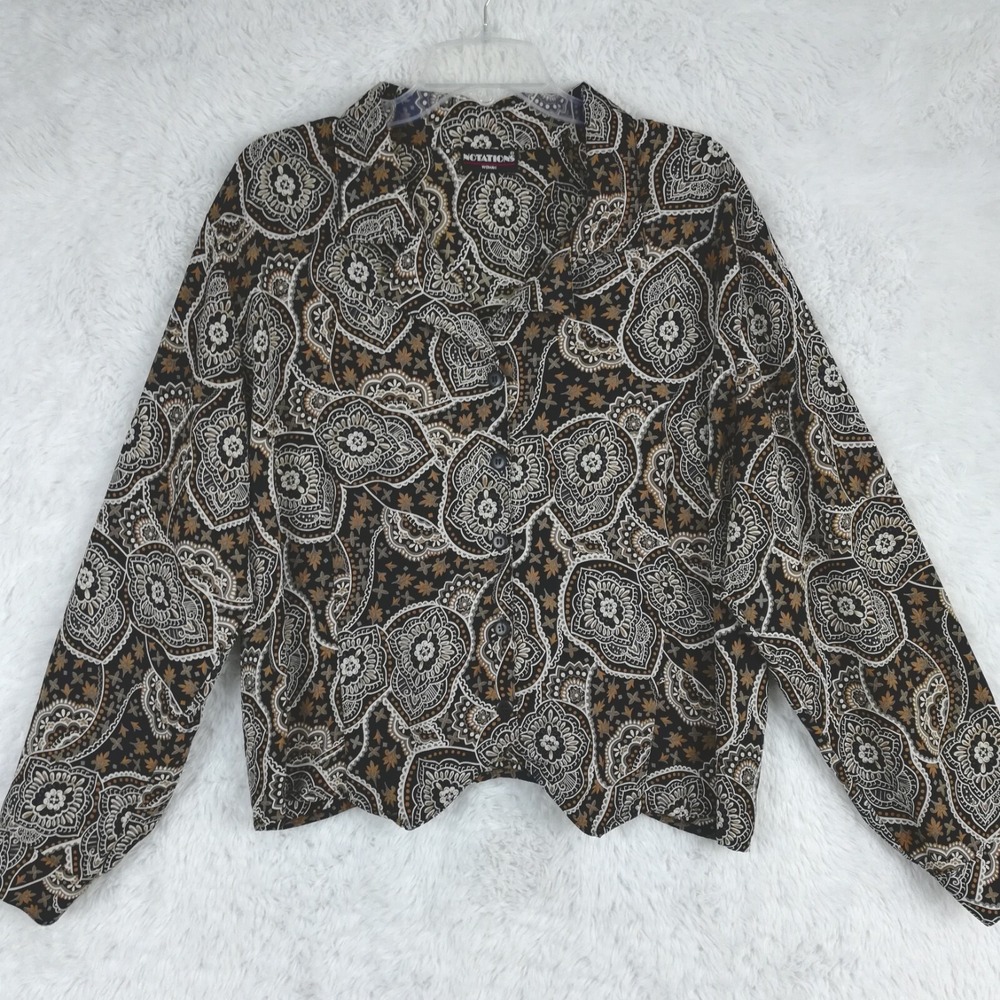 Notations Shirt Womens Button Down Brown Pattern Long Sleeve Tie Back Petite L